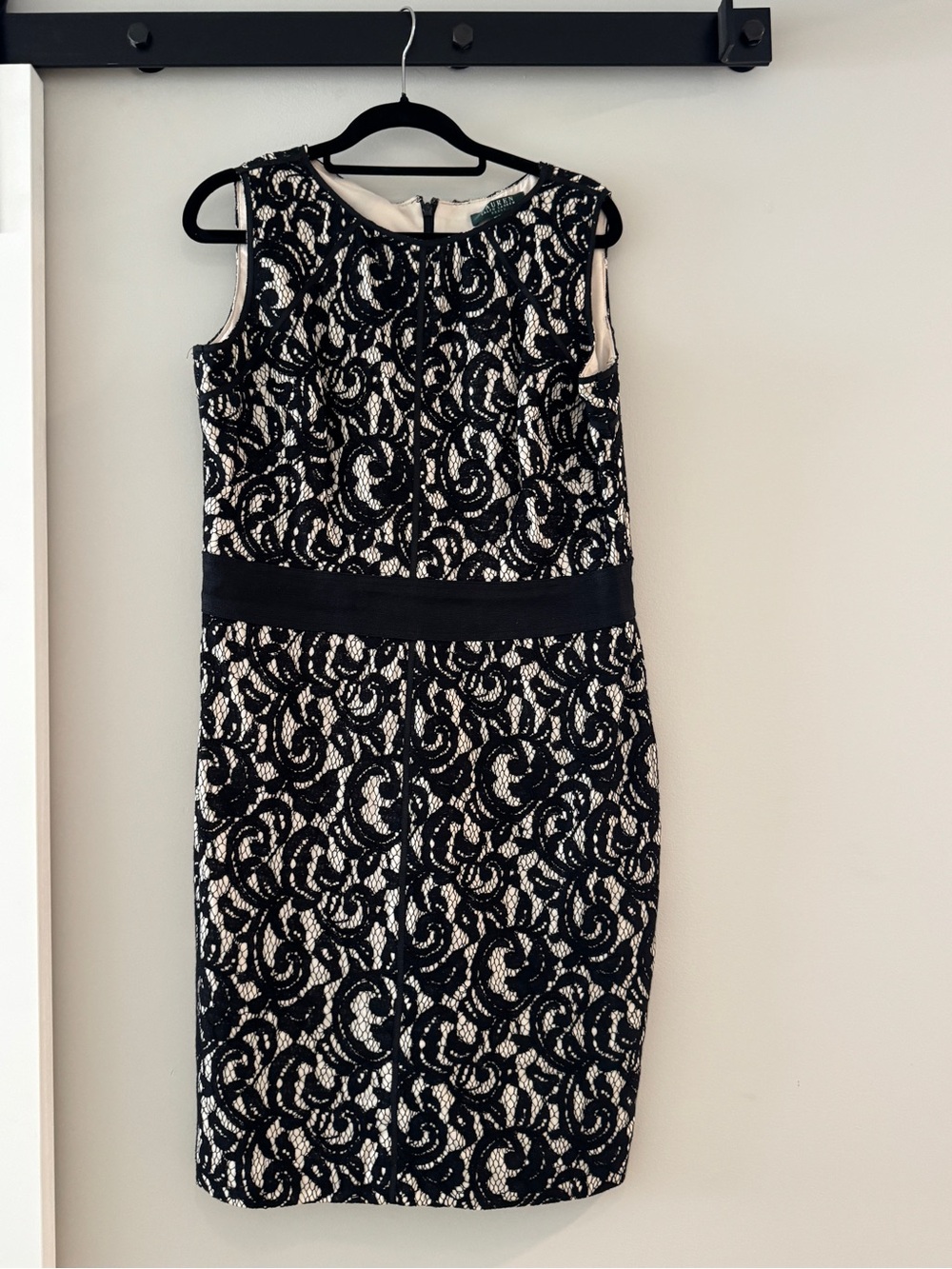 Lauren Ralph Lauren Black Lace Sheath Dress with Cream Underlay